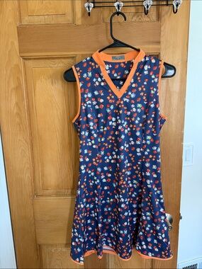 Call away Navy Floral Sleeveless V-Neck Dress with Orange Trim